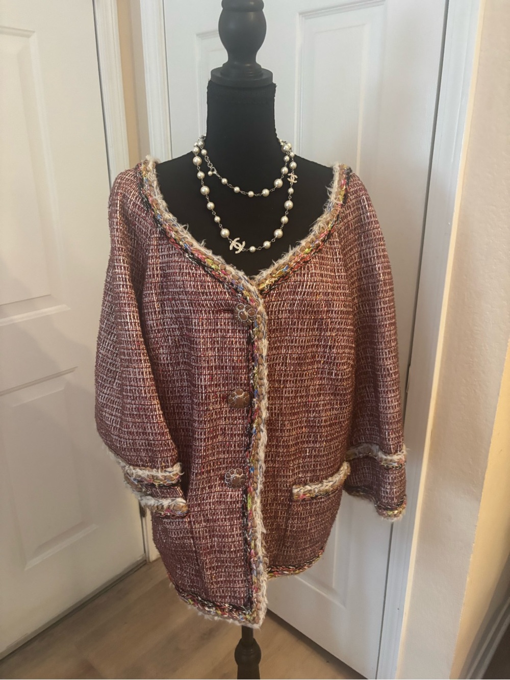 CHANEL Pink Tweed Coatigan with Multicolor Fringe Trim